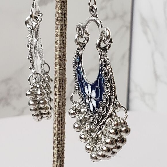 BOHEMIAN GYPSY Enameled Floral Beaded French Hook Earrings - Picture 2 of 7